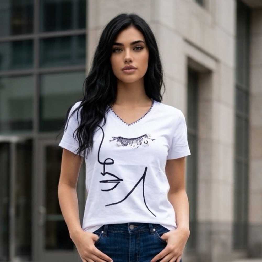 White V-Neck Graphic Tee with Abstract Face & 3D Flower Detail